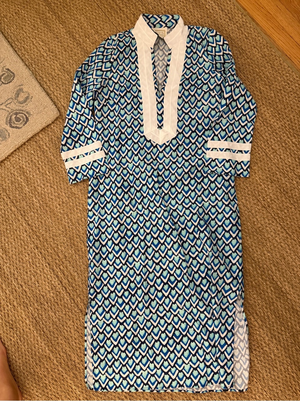 Sail to Sable Blue, Navy & White Geometric Midi Dress